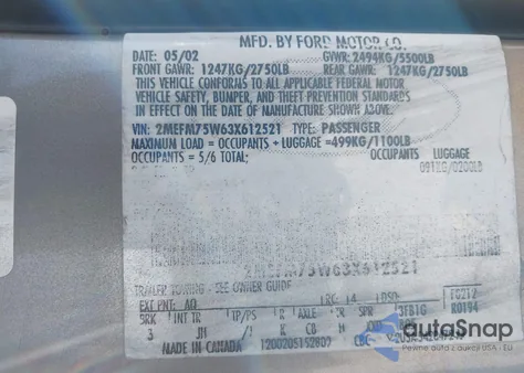 2003 Mercury Grand Marquis Ls из США, поврежденный, VIN 2MEFM75W63X612521